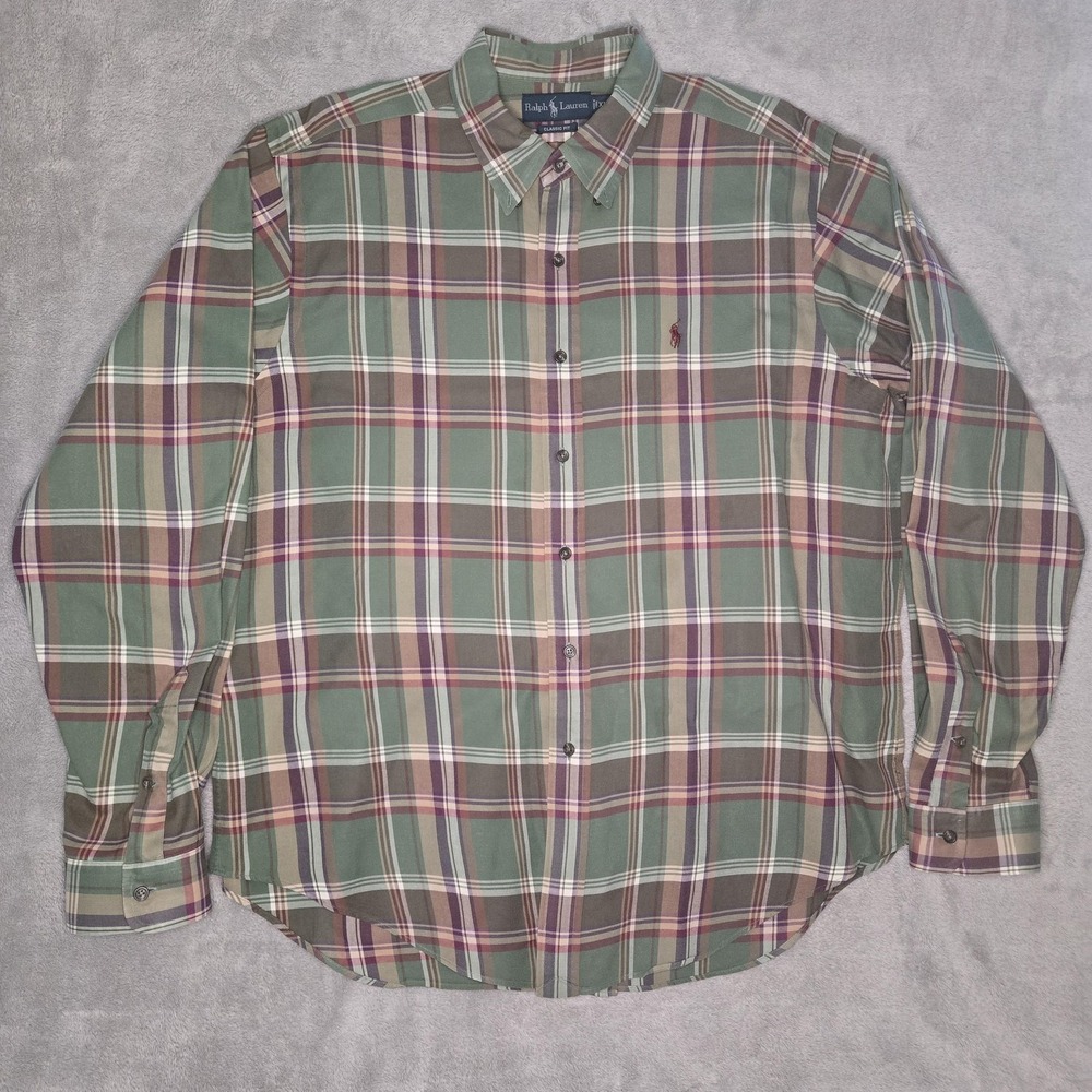 Ralph Lauren Button down Shirt Men XL Green Plaid Classic Fit Cotton Long Sleeve